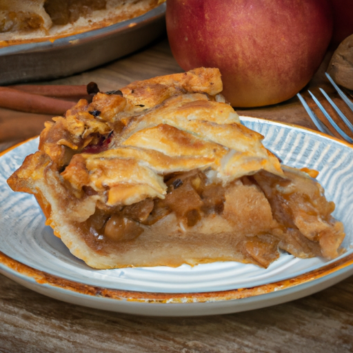 A slice of dutch oven apple pie with layers of spiced apple filling and a flaky crust.