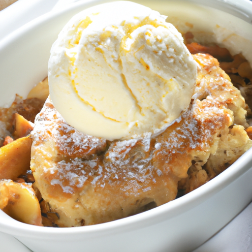 A golden apple cinnamon cobbler with a scoop of vanilla ice cream.