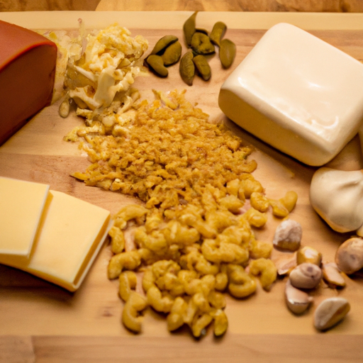 A variety of cheeses, pasta, and spices laid out on a wooden cutting board, ready to be used in crockpot mac and cheese.