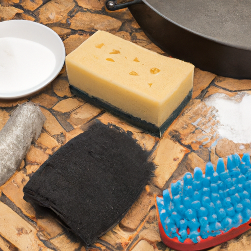 Various cleaning tools for Dutch oven maintenance, including a brush, sponge, and baking soda